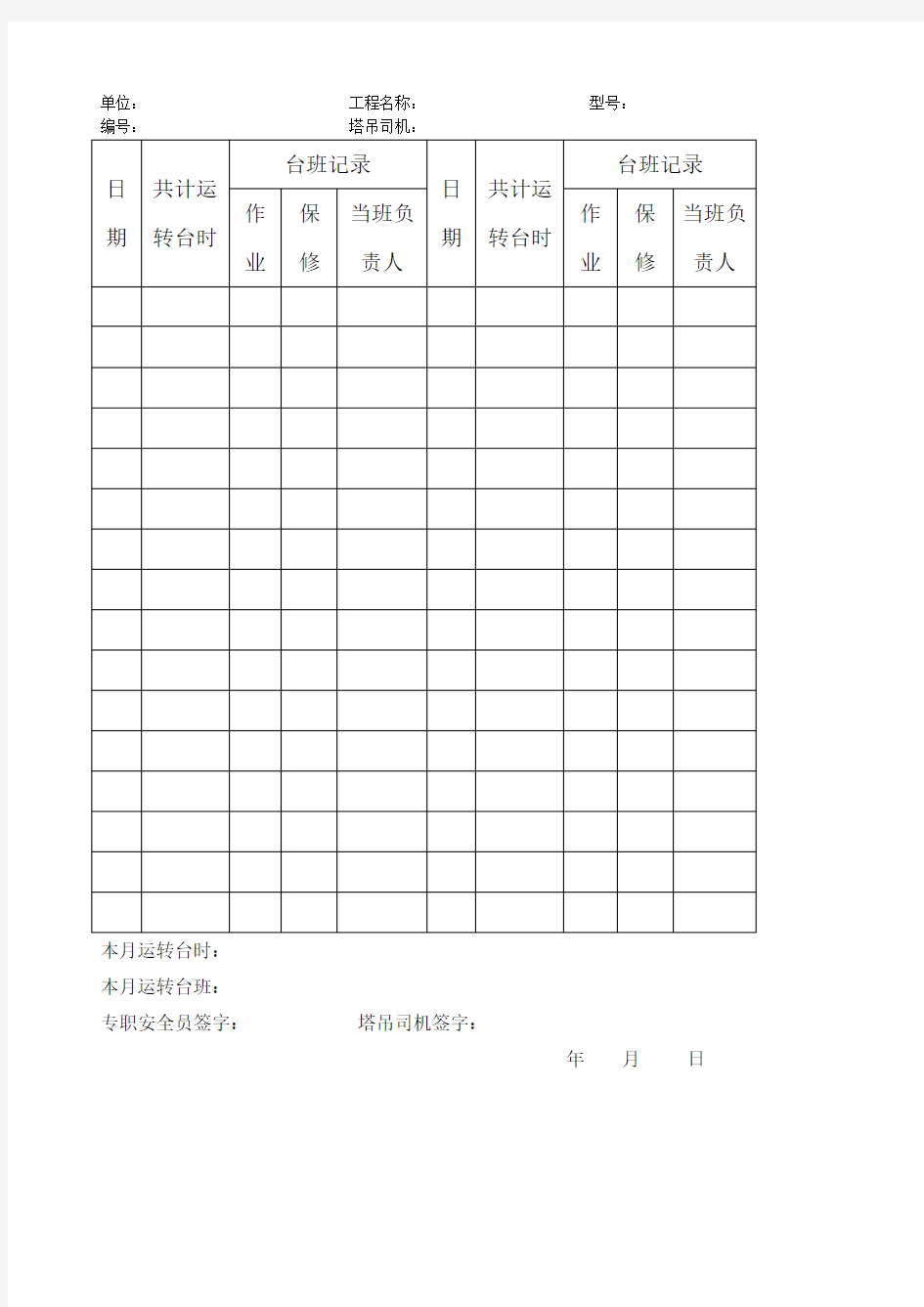 塔吊日常维护保养记录