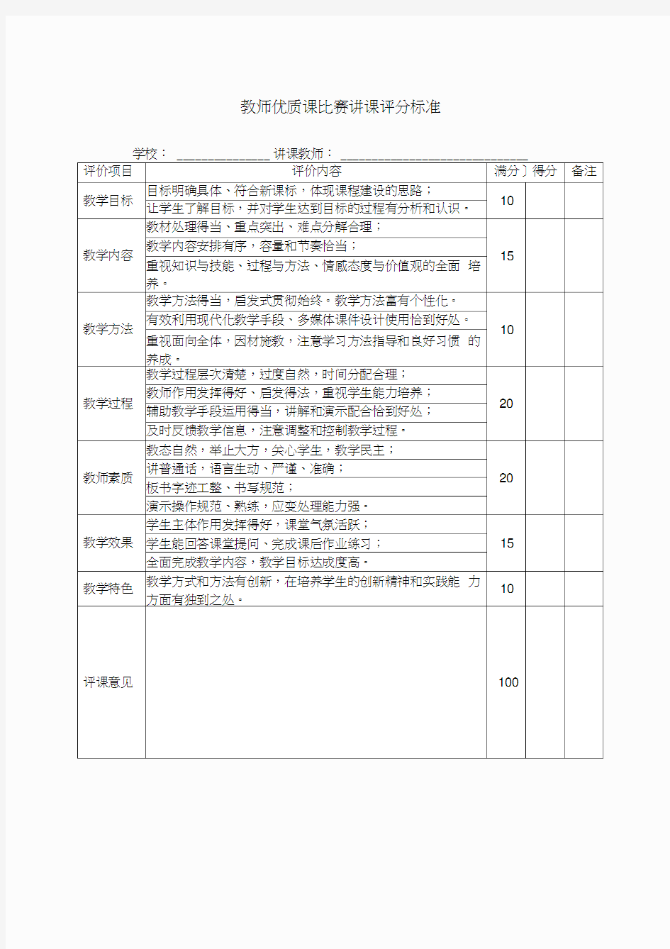 教师优质课比赛讲课评分表