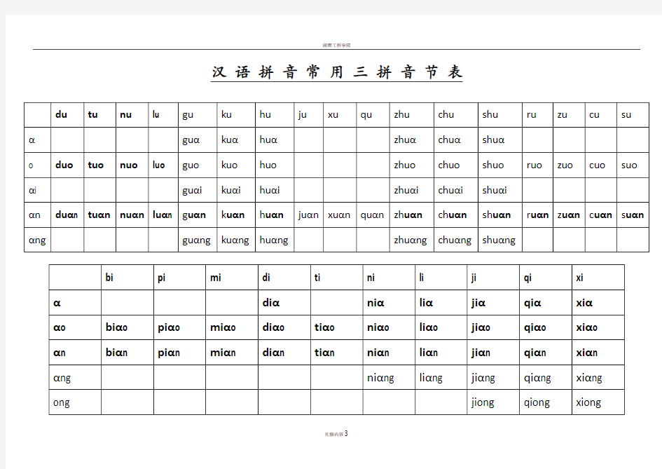 汉 语 拼 音 常 用 三 拼 音 节 和二拼音节表