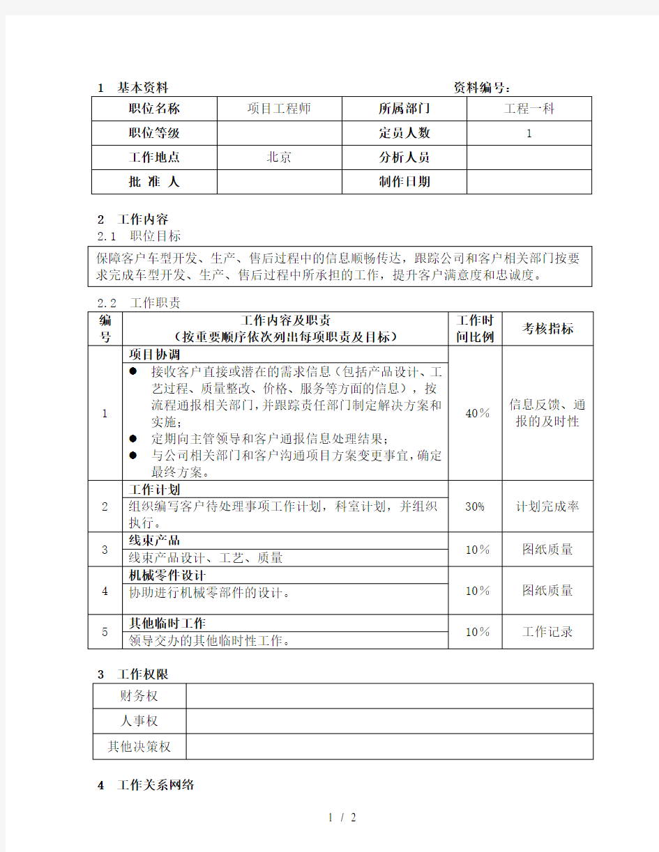 职位说明书项目工程师