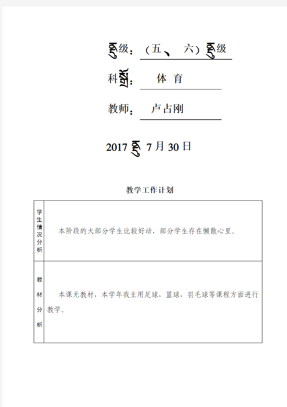 五、六年级体育教学工作计划