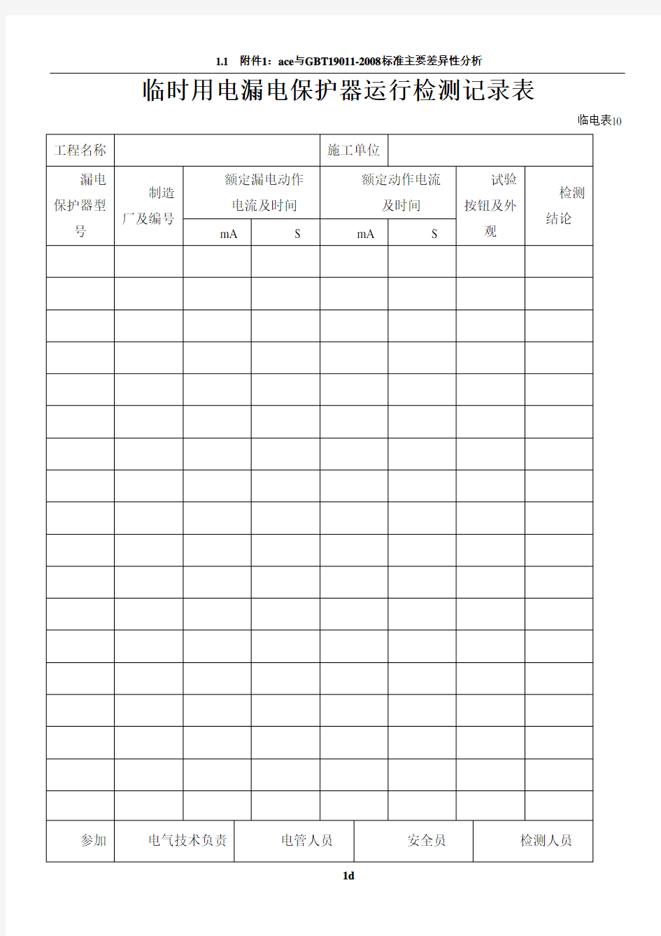 临时用电漏电保护器运行检测记录样表及填写范例