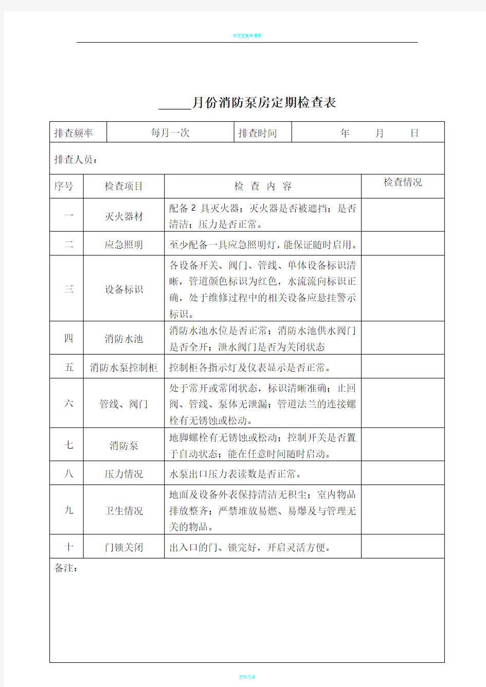 【非常不错】消防泵房定期检查表