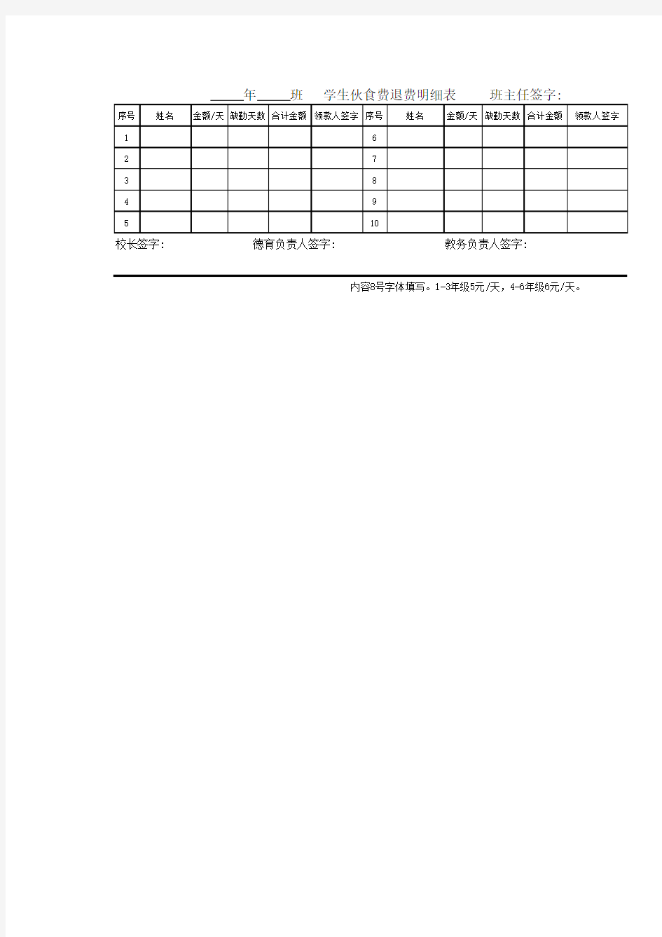 伙食费退费明细表