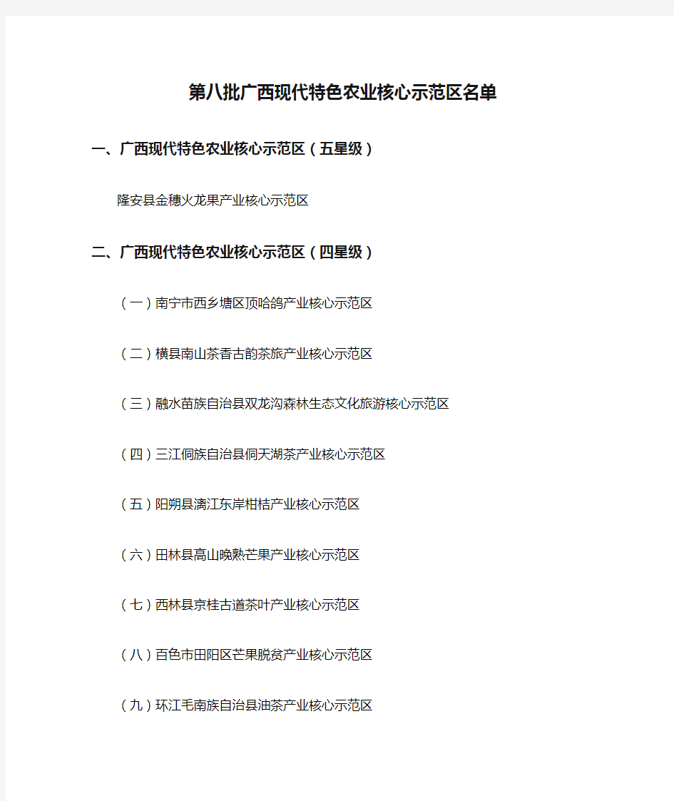 第八批广西现代特色农业核心示范区名单