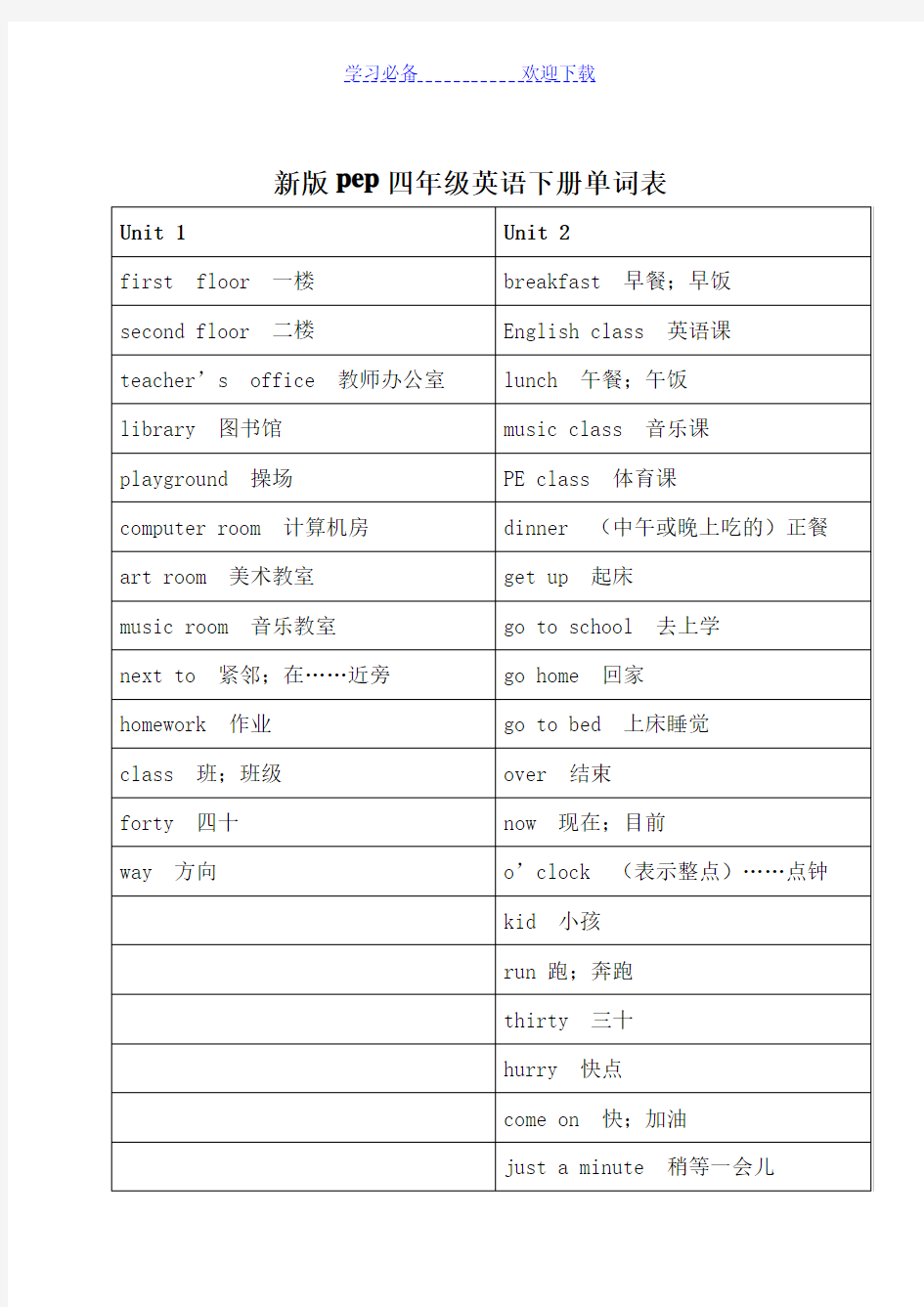 人教版小学四年级下册英语单词默写答案