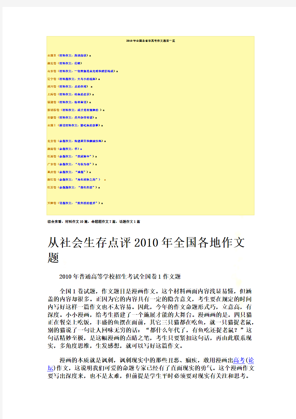 2010年全国各省市高考作文题目一览