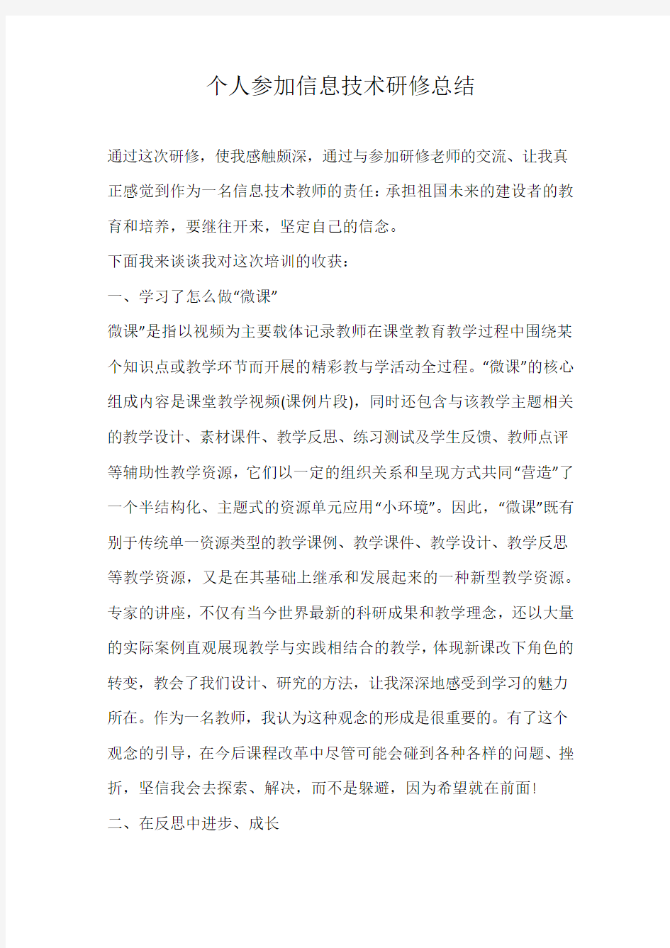 个人参加信息技术研修总结