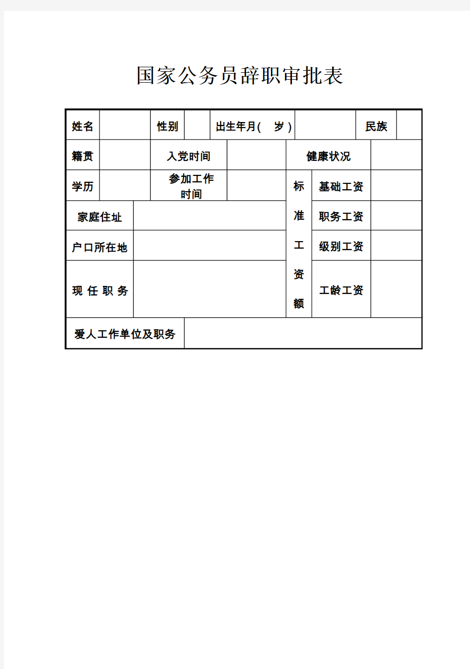 国家公务员辞职审批表