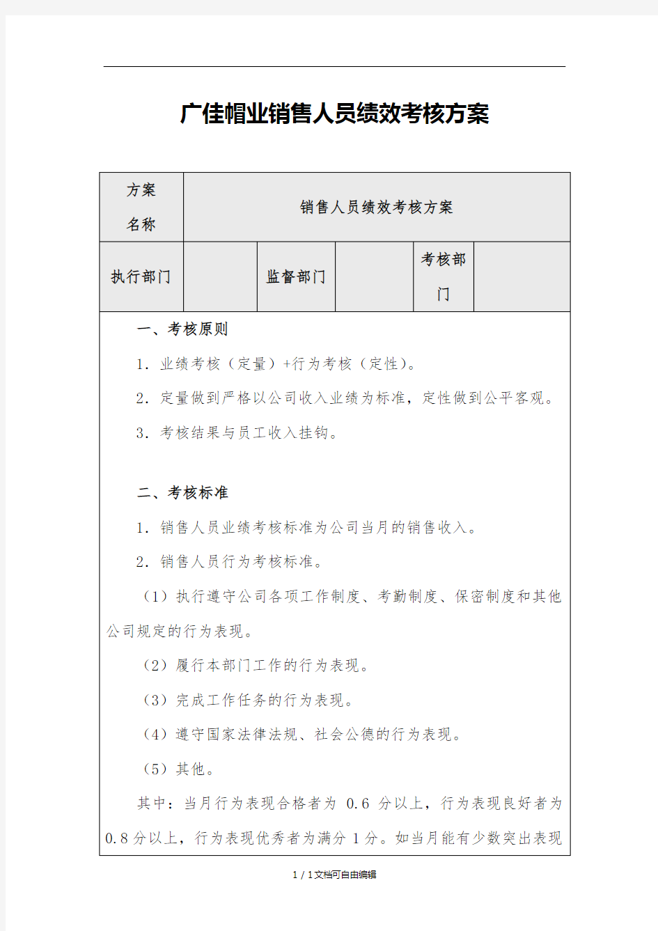 业务人员绩效考核指标