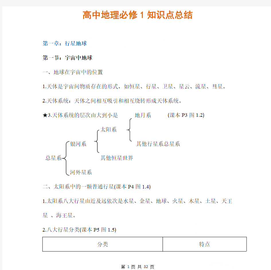 人教版高中地理必修一知识点汇总