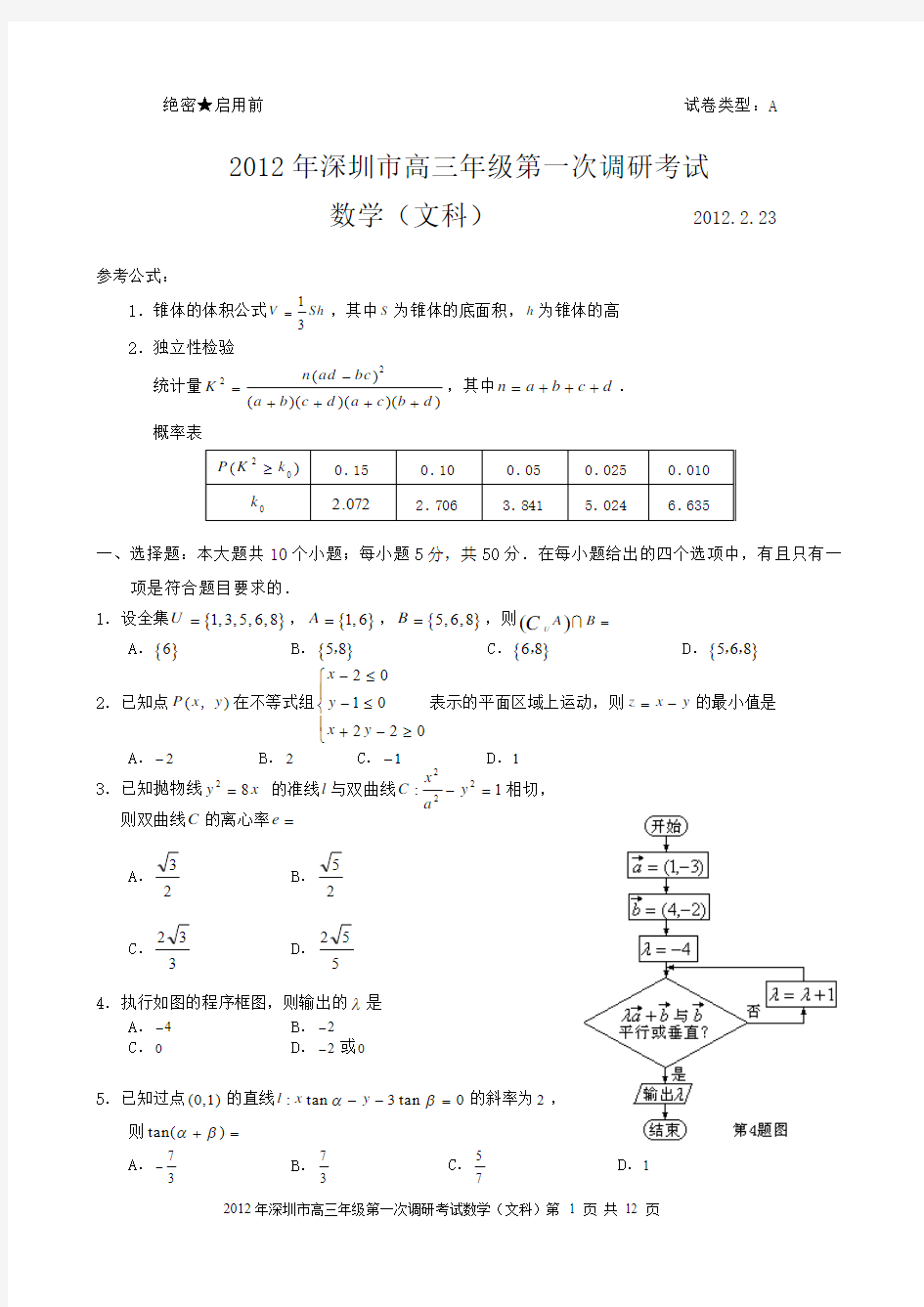 2012年深圳市高三年级第一次调研考试数学(文科)试题含参考答案
