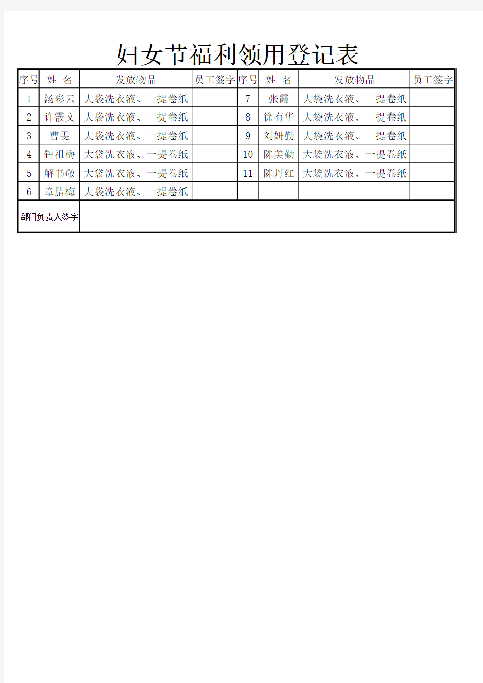 妇女节福利领用登记表