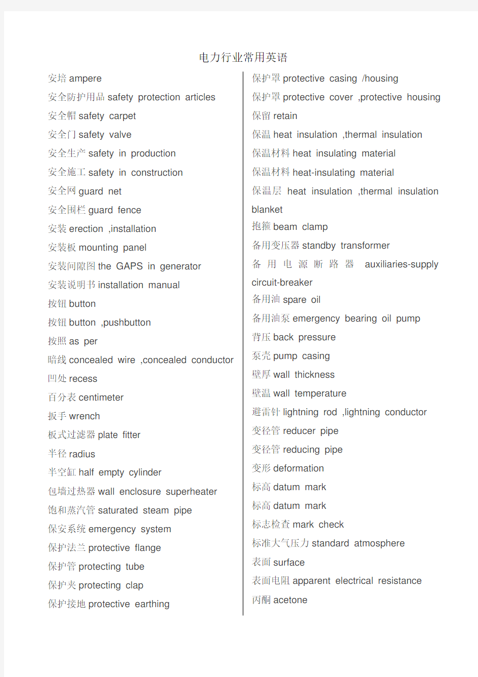 能源电力行业常用英语单词