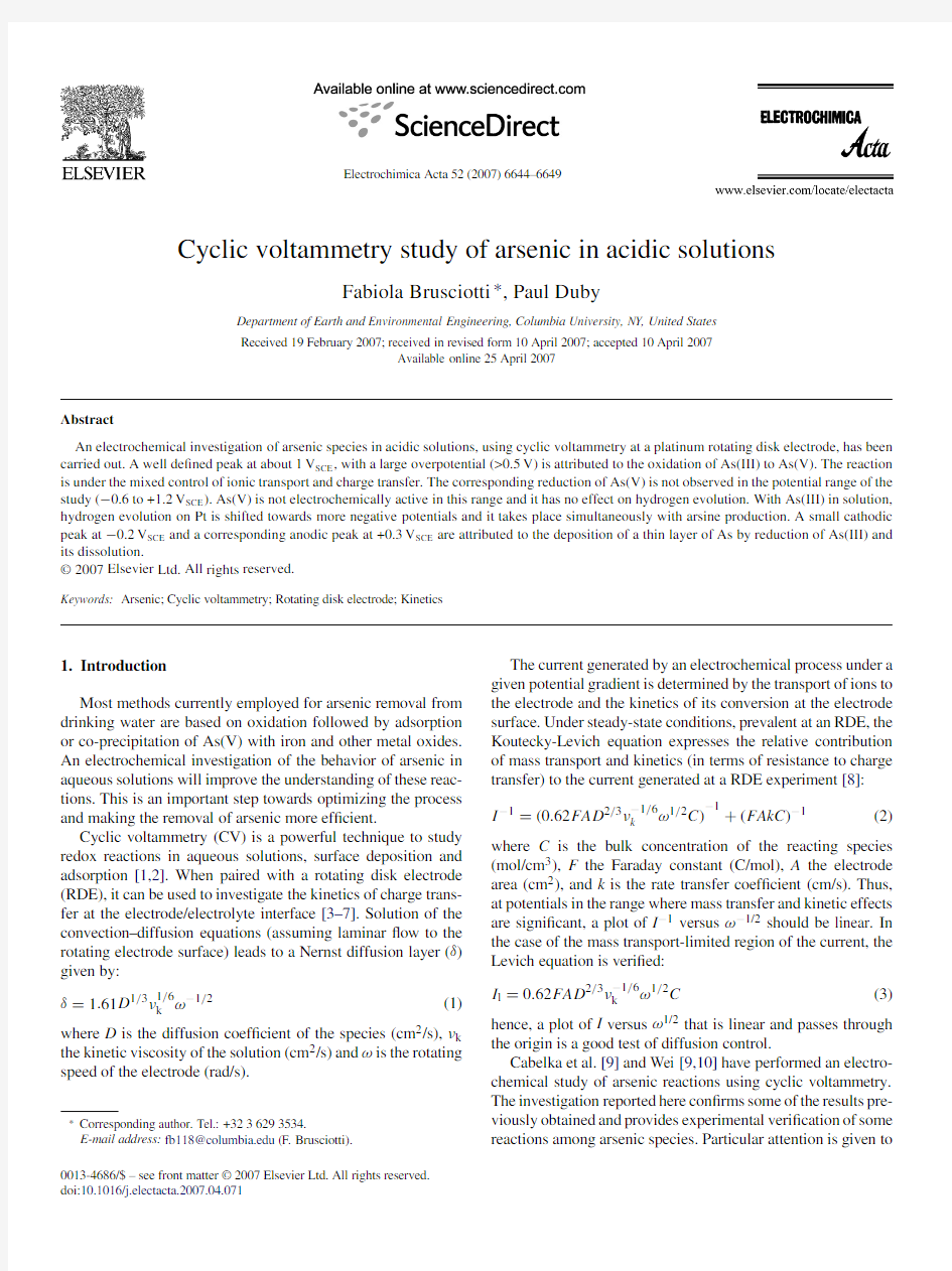 Cyclic voltammetry study of arsenic in acidic solutions