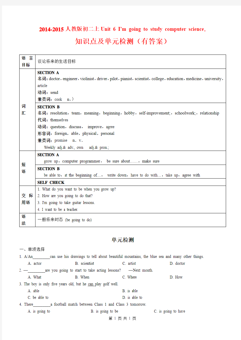 2014-2015人教版初二上Unit 6 I’m going to study computer science. 知识点及单元检测(有答案)