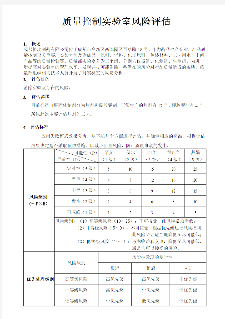 质量部控制实验室风险评估