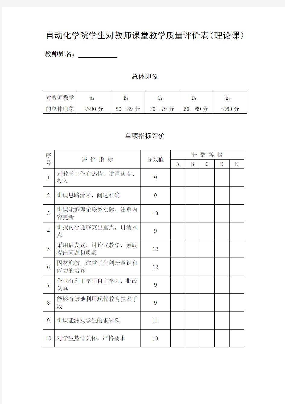 学生对教师课堂教学质量评价表(理论课)