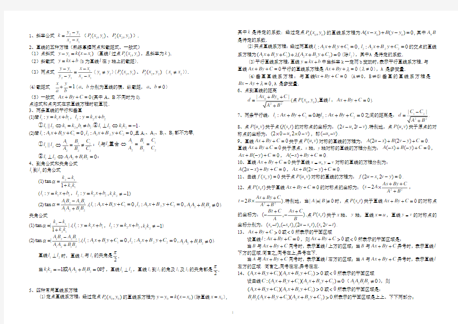 解析几何常用公式结论