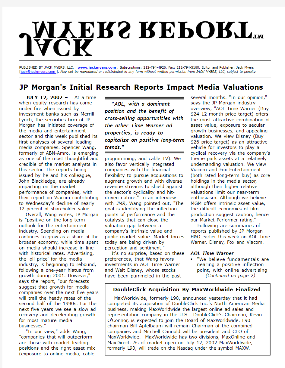 传媒JP Morgan's Initial Research Reports Impact Media Valuations