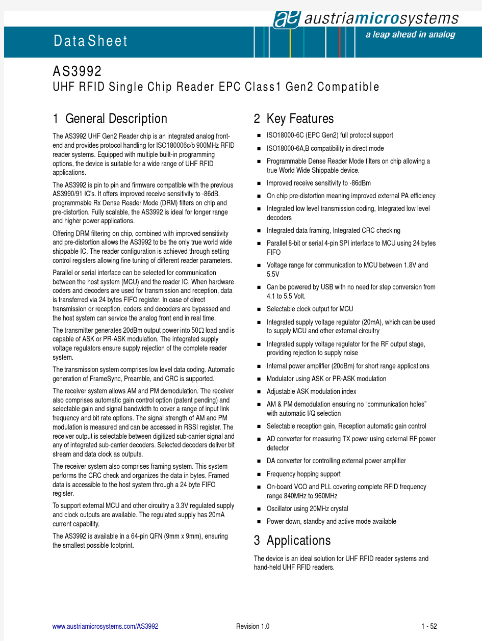 AS3992_Datasheet_UHF_RFID_Reader_IC_with_DRM_internalPA