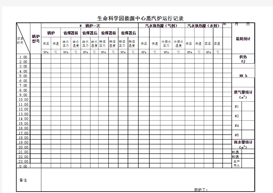 蒸汽锅炉试运行运行记录表