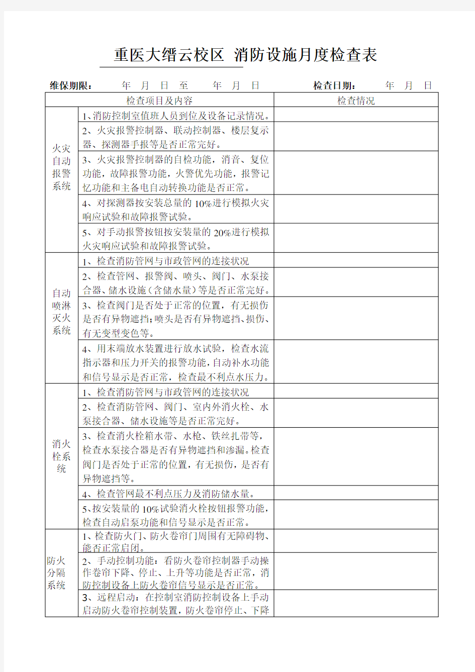 消防设施月季度检查表