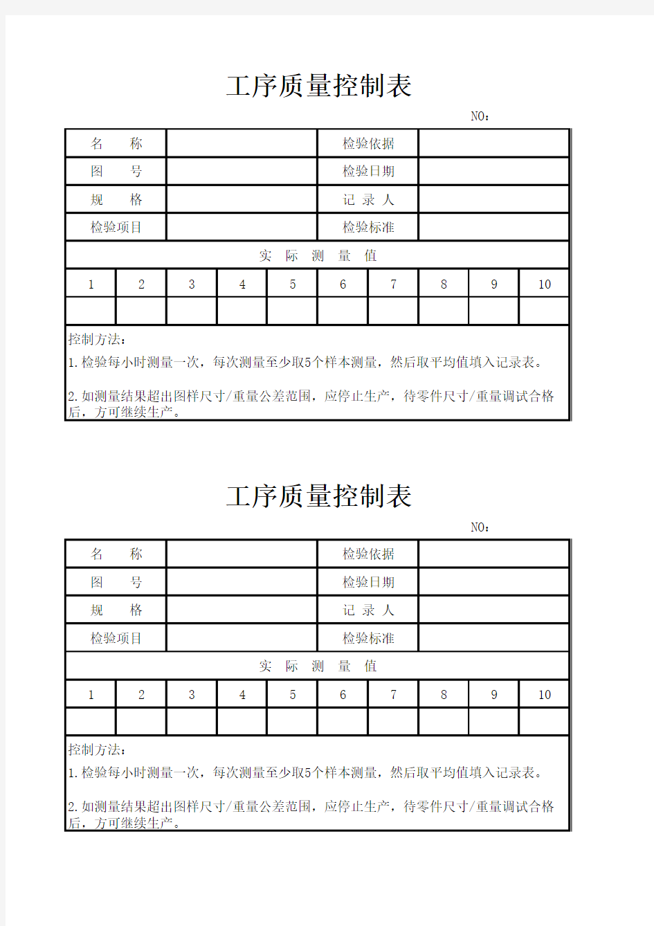 工序质量控制表