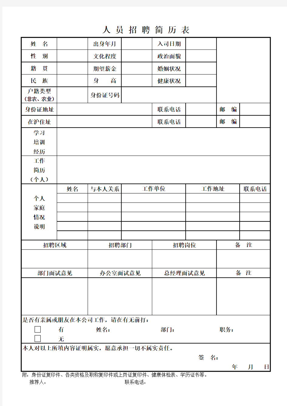 人员招聘简历表