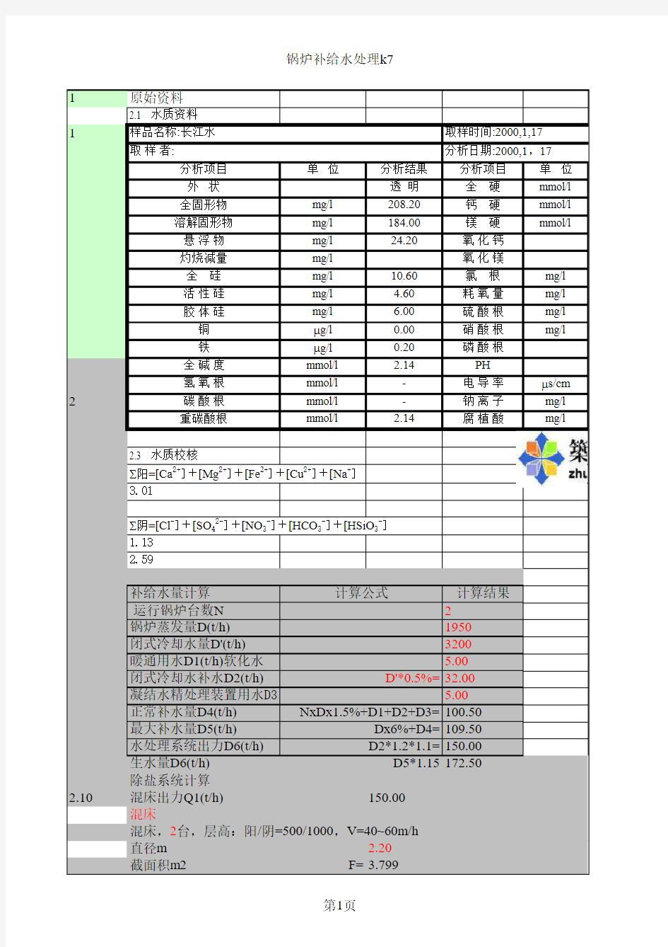 某锅炉补给水处理计算书