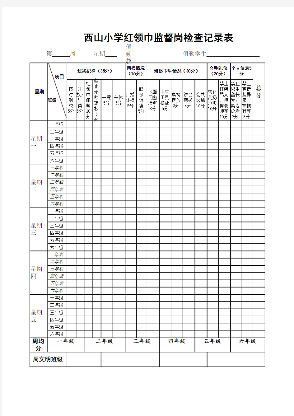 红领巾监督岗检查记录表