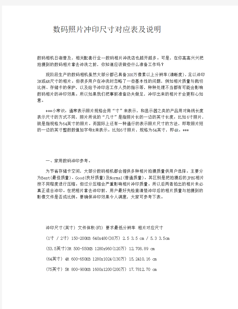 数码照片冲印尺寸对应表及说明