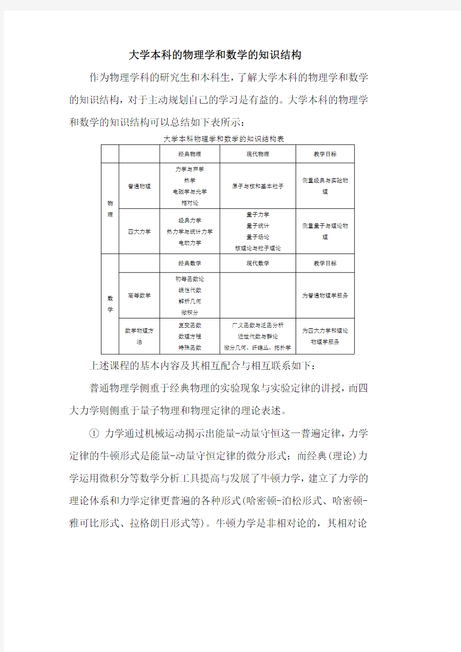 大学本科的物理学和数学的知识结构