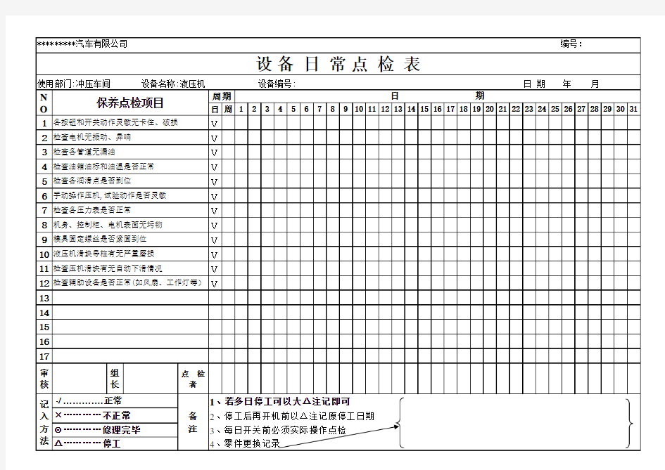 液压机日常点检表