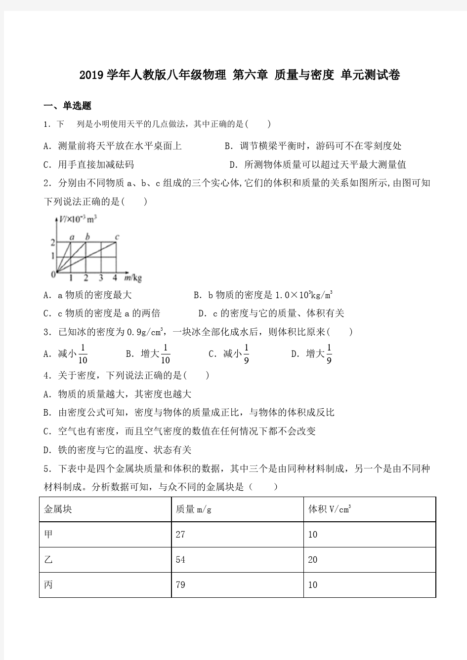 人教版八年级物理第六章质量与密度单元测试卷(含答案)