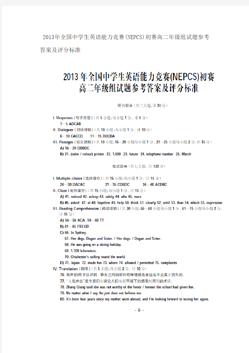 全国中学生英语能力竞赛(NEPCS)初赛高二年级组试题参考答案及评分标准