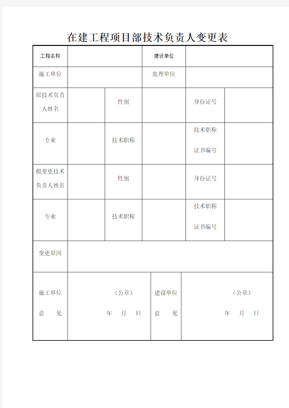 在建工程项目部技术负责人变更表