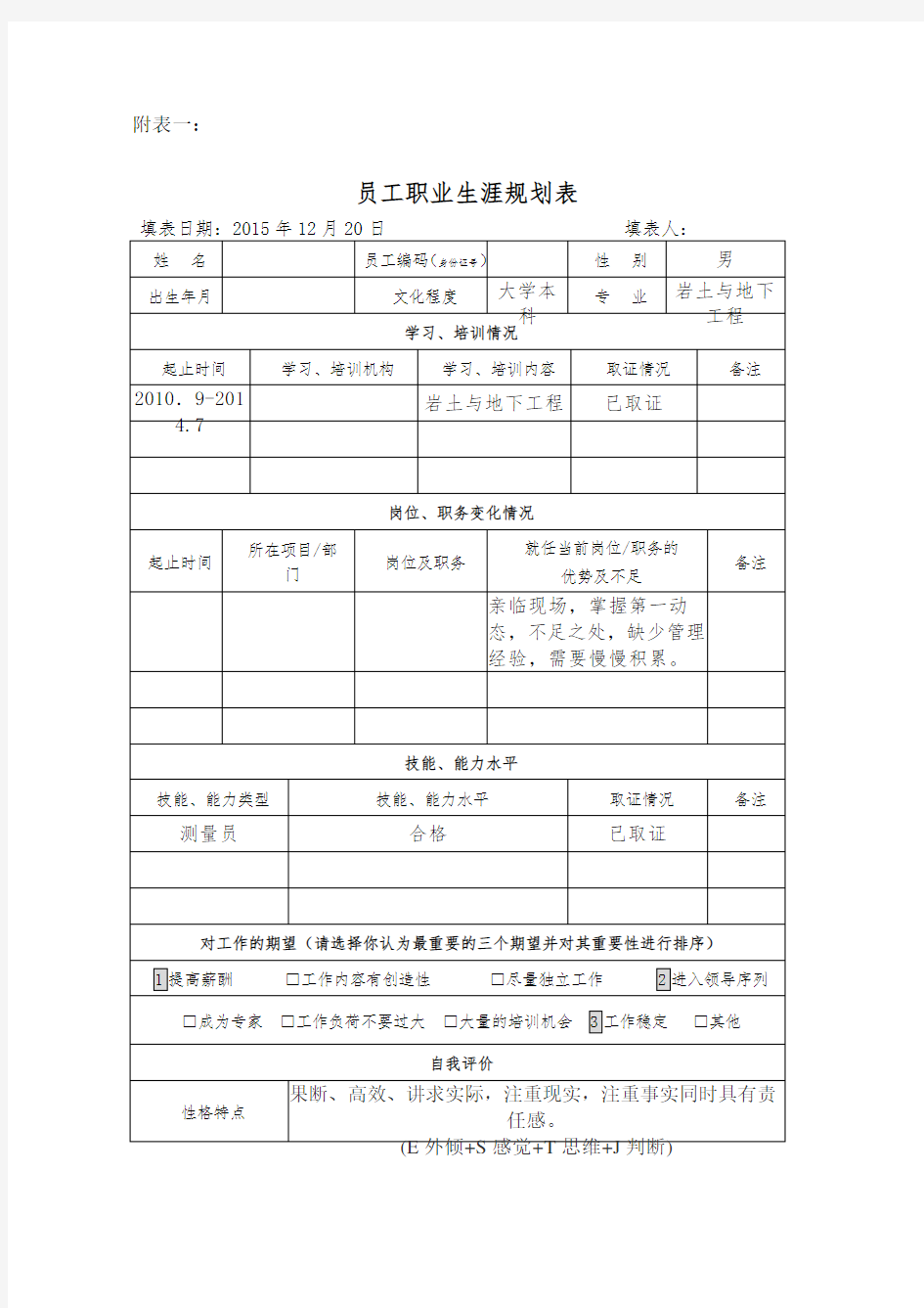 员工职业生涯规划表