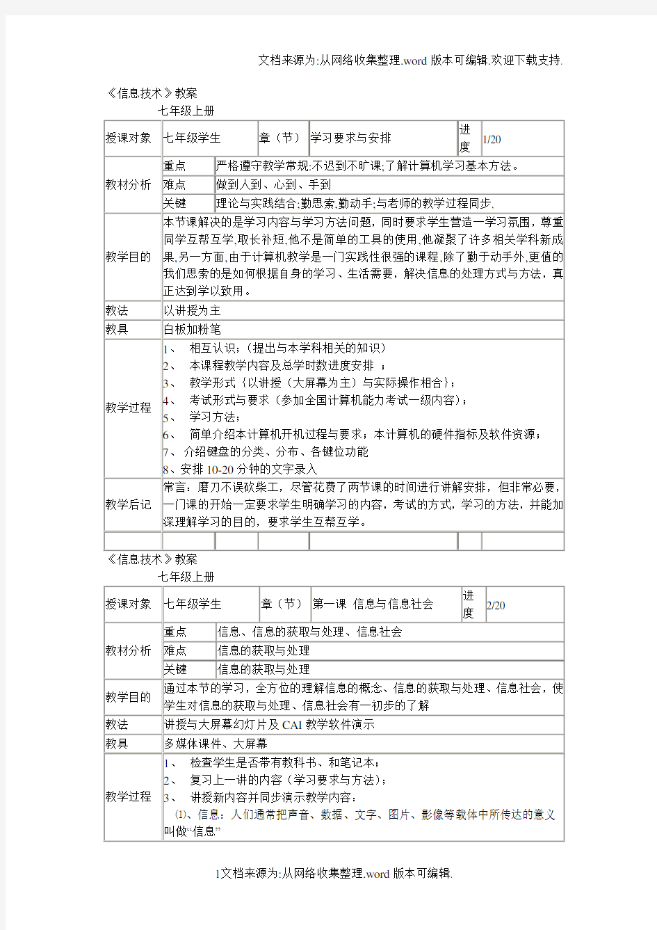 七年级上册信息技术教案(供参考)