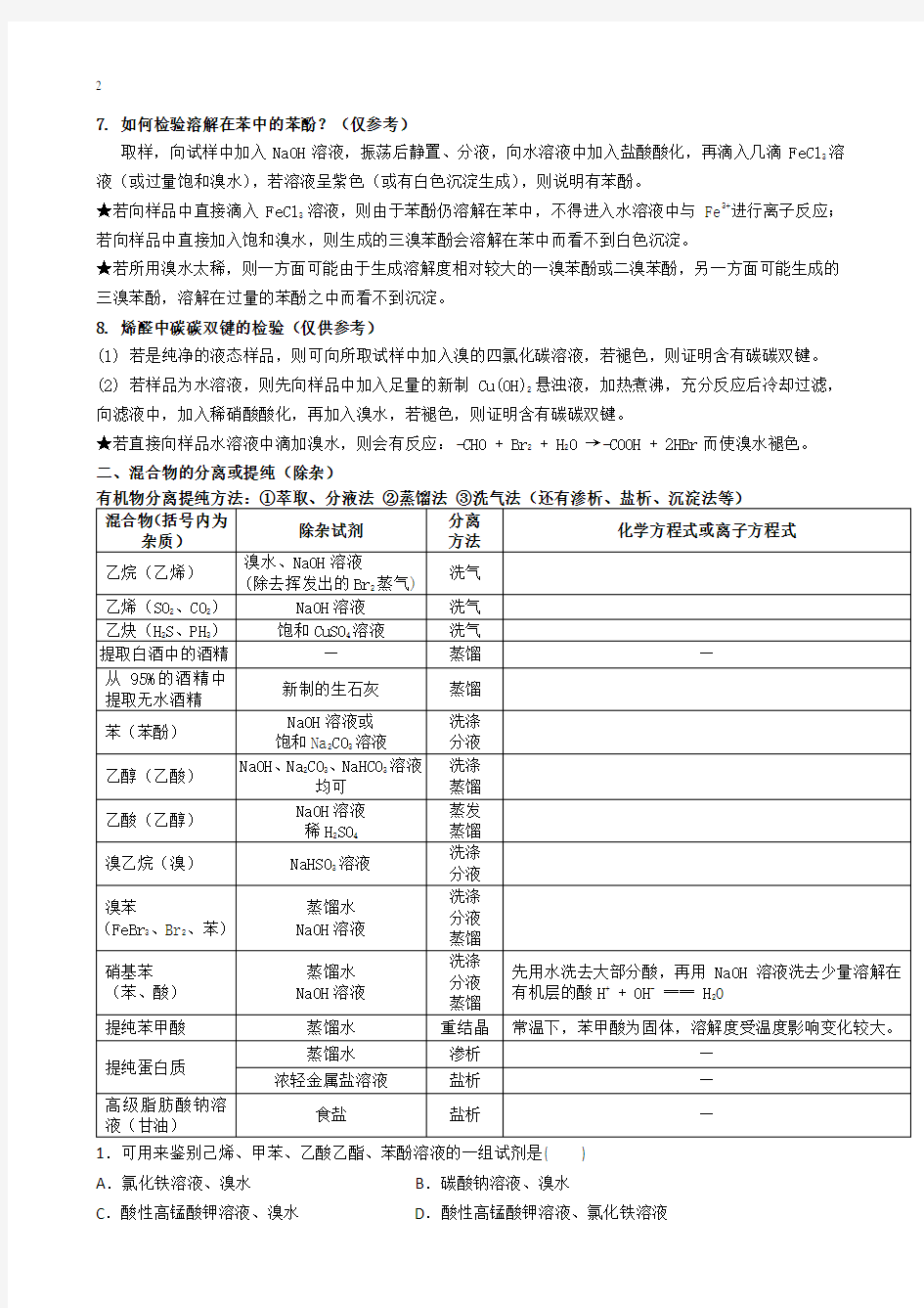 (完整版)2018高考化学之有机物鉴别与分离提纯