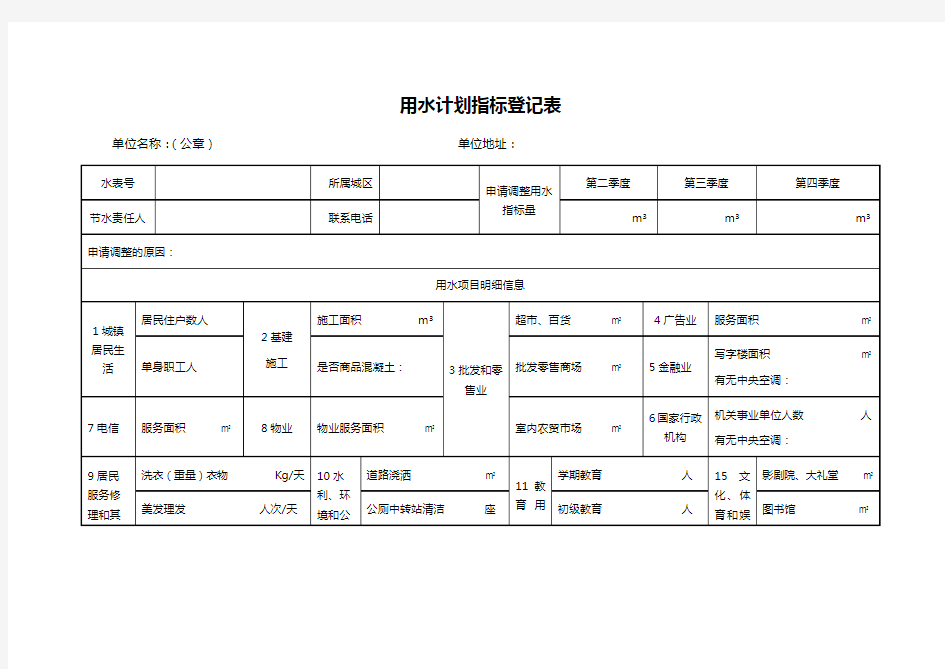 用水计划指标登记表