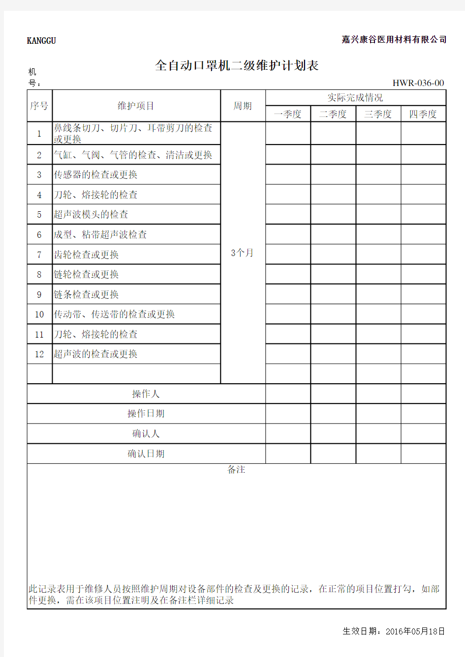 全自动口罩机二级维护计划表