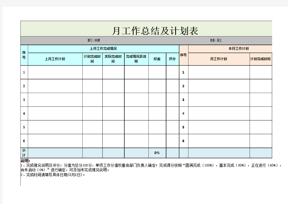 Excel表格通用模板：XX公司月工作总结及计划表