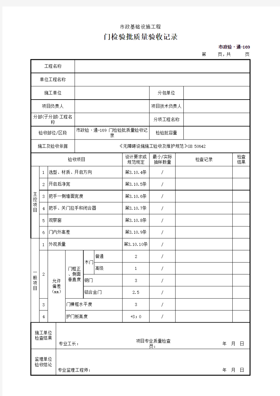 门检验批质量验收记录