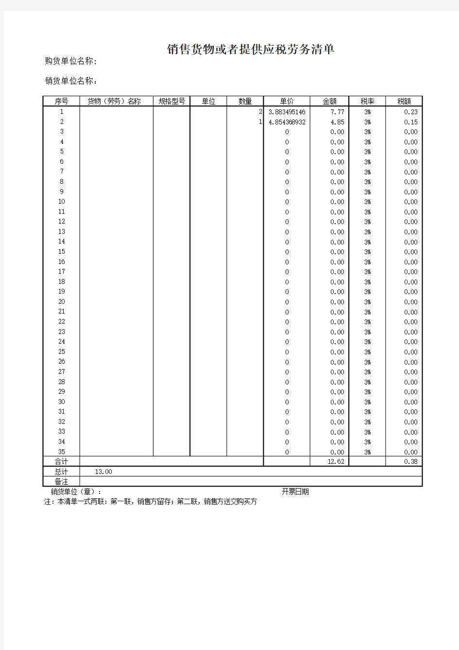 销售货物或者提供应税劳务清单