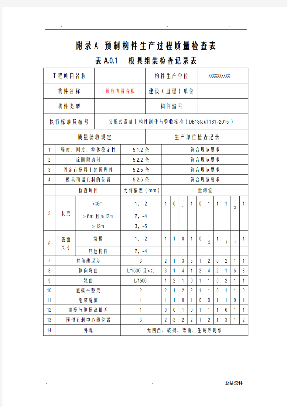 预制构件生产过程质量检查表