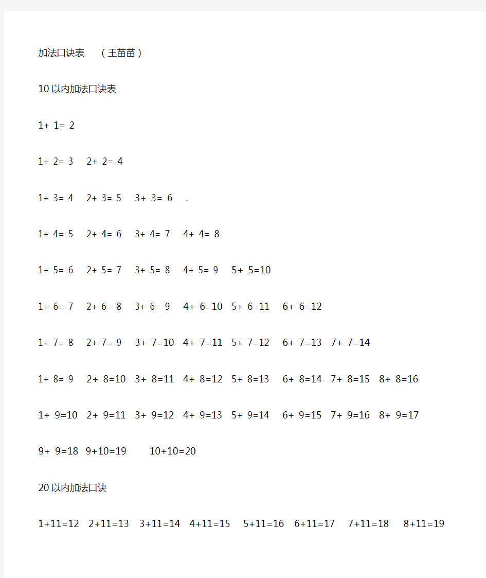 小学一年级数学加法口诀表