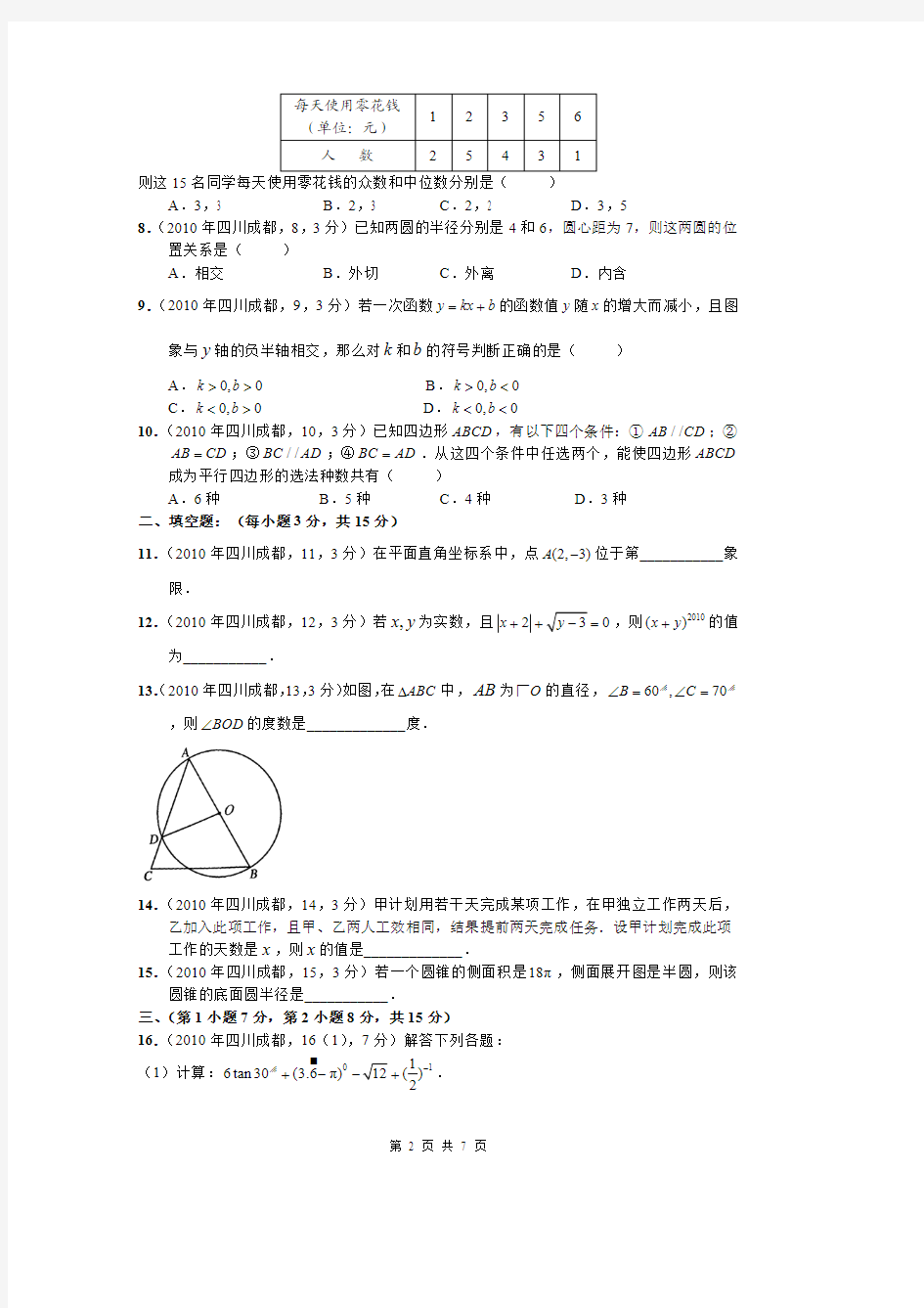 2010年四川省成都市中考数学试卷及答案