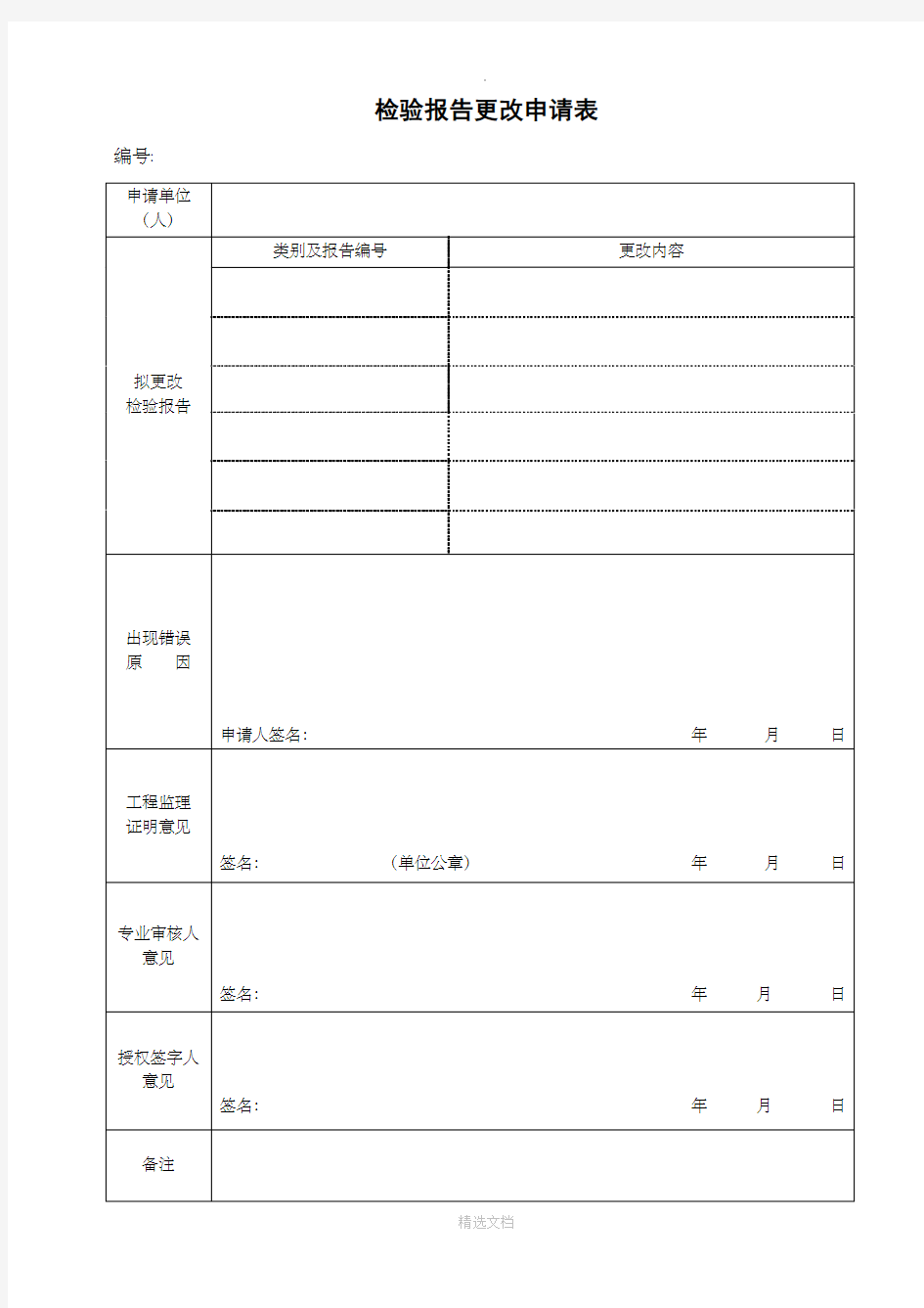 检验报告更改申请表