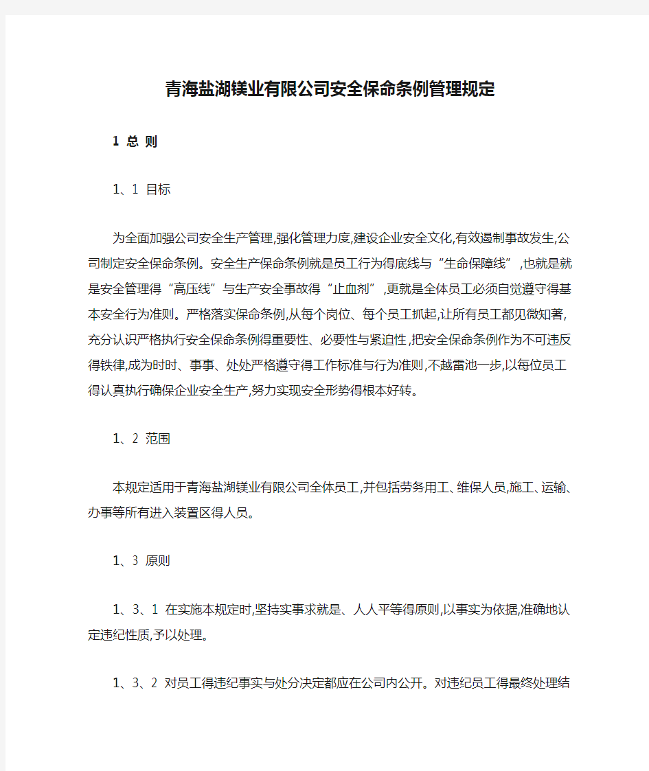 青海盐湖镁业有限公司安全保命条例管理规定